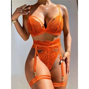 Medium & Large Bright Orange Floral Lace Harness Garter Lingerie Set